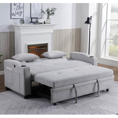 Μετατρέψιμο κρεβάτι καναπέ Queen Size, άνετο κρεβάτι με ρυθμιζόμενο οπίσθιο και θύρα φόρτισης USB και κάλυκες ποτηριών, κρεβάτι καναπέ Futon, γκρι ύφασμα