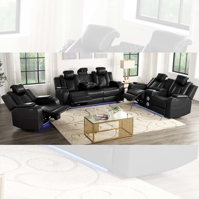 Καναπέ Power Recliner με καθίσματα Power Recliner και επικεφαλίδια Power και Dropdown Table και Bluetooth Audio Speaker και Θήκη Αποθήκευσης και Άκρα Αποθήκευσης και Φως LED, Μαύρο Αναπνευστικό Δέρμα
