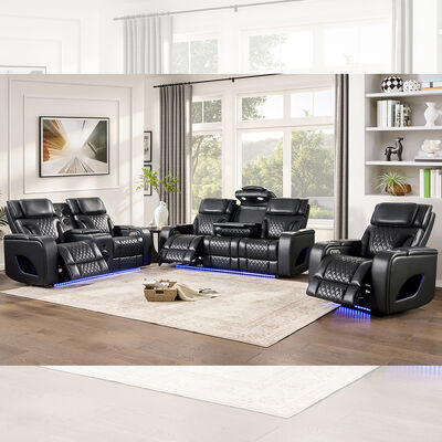 Power Recliner Σετ καναπέ με ηλεκτρικά προσκέφαλα και πτυσσόμενο τραπέζι και ηχείο και αποθήκευση και φως LED, λειτουργία μασάζ, μαύρη δερματίνη