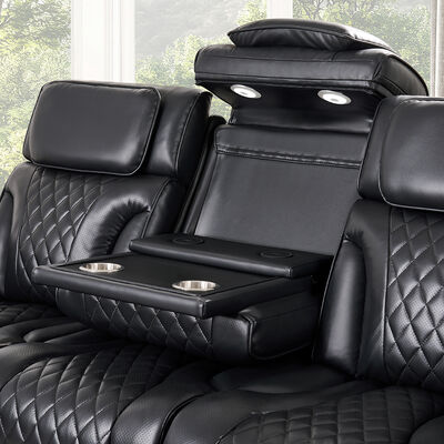 Power Recliner Σετ καναπέ με ηλεκτρικά ανακλινόμενα καθίσματα και ηλεκτρικά προσκέφαλα και πτυσσόμενο τραπέζι και ηχείο και αποθήκευση και φως LED, λειτουργία μασάζ, μαύρη δερματίνη