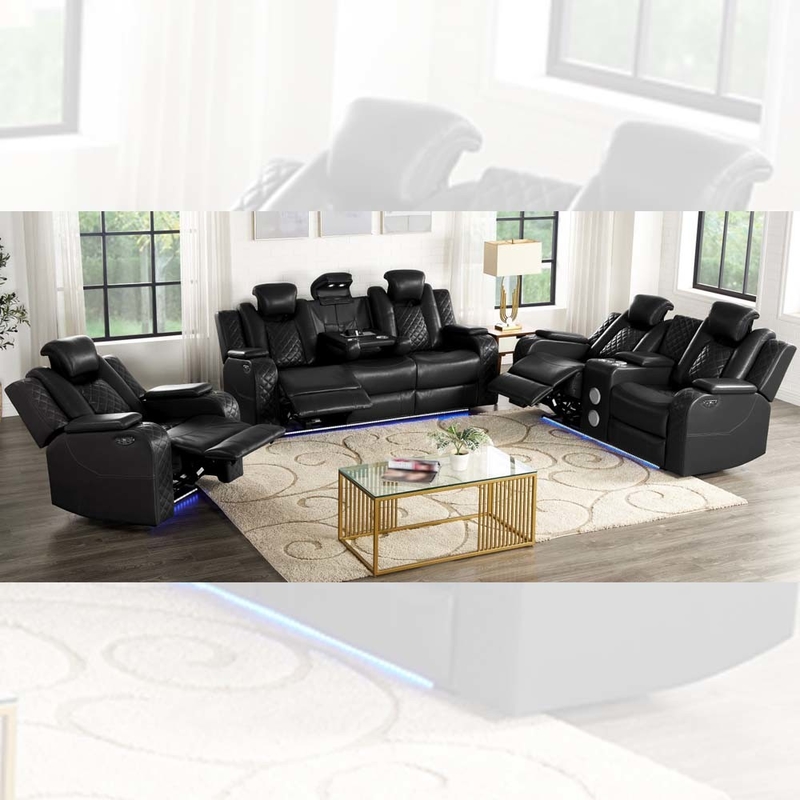 Καναπέ Power Recliner με καθίσματα Power Recliner και επικεφαλίδια Power και Dropdown Table και Bluetooth Audio Speaker και Θήκη Αποθήκευσης και Άκρα Αποθήκευσης και Φως LED, Μαύρο Αναπνευστικό Δέρμα