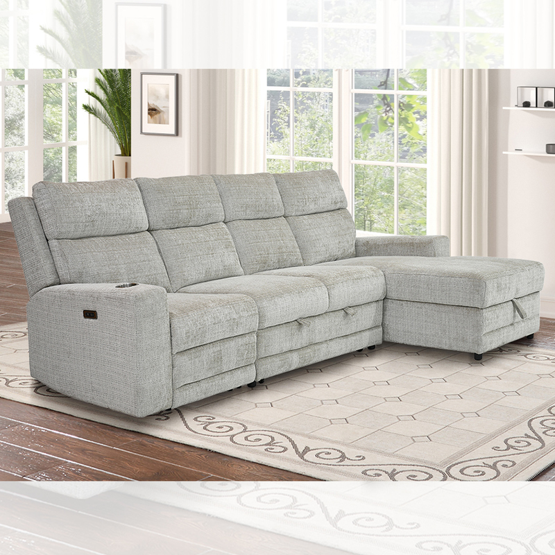 Big L-Shaped Sectional Sleeper Sofa with Pull-Out Bed and Storage Chaise and Power Recliner Chair, Warm Gray Chenille