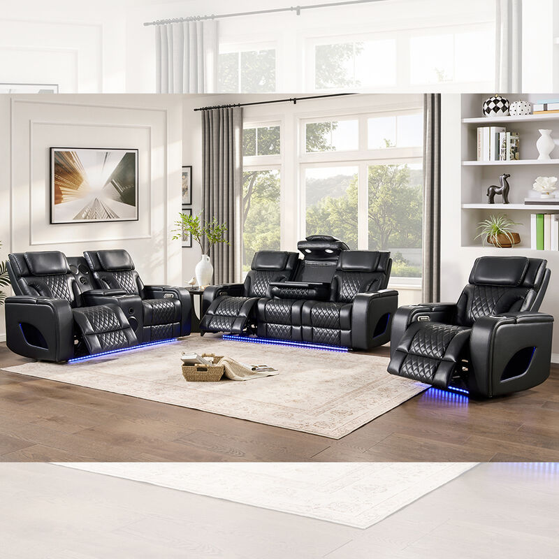Power Recliner Σετ καναπέ με ηλεκτρικά προσκέφαλα και πτυσσόμενο τραπέζι και ηχείο και αποθήκευση και φως LED, λειτουργία μασάζ, μαύρη δερματίνη